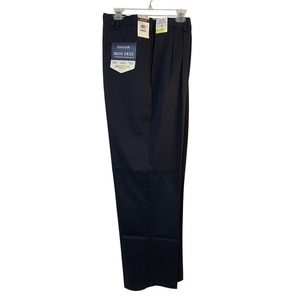 NWT Haggar Premium Mens Khaki Pleat Classic Fit Pants 44W X 33L Black Comfort